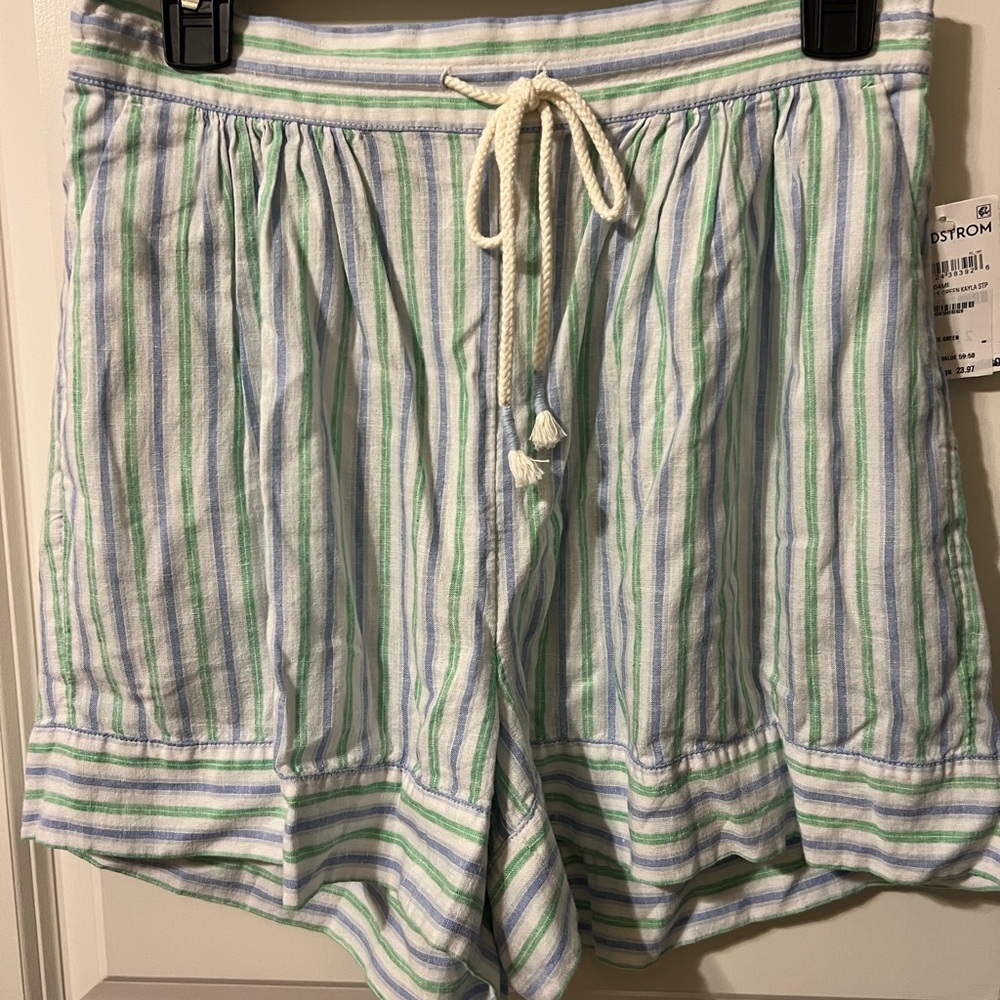 Caslon Striped Green and Blue Drawstring Linen Shorts NWT Small